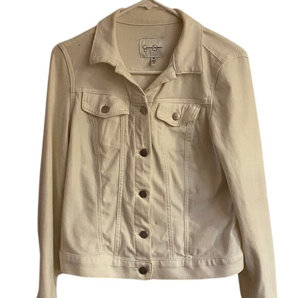 Jessica Simpson Cream Denim Jacket Sz M | Classic Stretch Jean Style - Picture 3 of 6